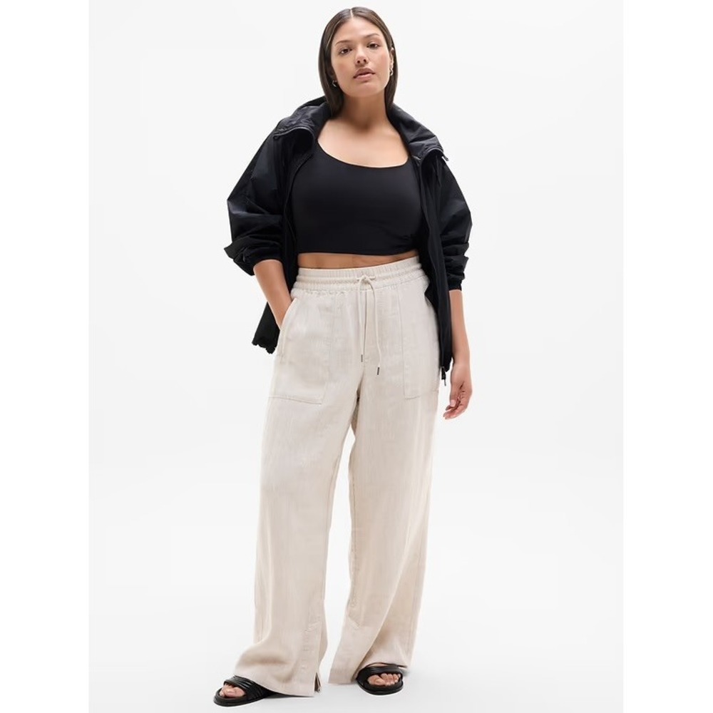 Athleta Retreat Flax Linen Wide Leg Pant Large Petite Beige High Rise Slit
